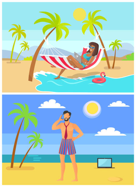 illustrations, cliparts, dessins animés et icônes de femme et homme bronzés dans le tronc et la cravate sur la plage - hamac telephone homme