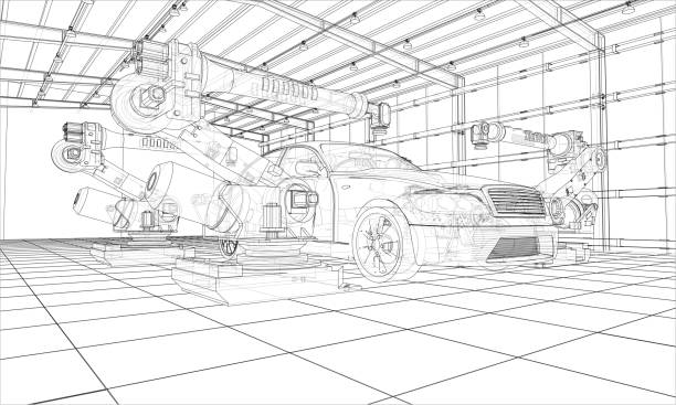 illustrazioni stock, clip art, cartoni animati e icone di tendenza di montaggio di autoveicoli. vettore - car industry robot arm car plant