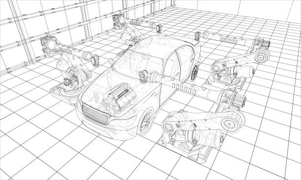 Assembly of motor vehicle. Vector Assembly of motor vehicle. Robotic equipment makes Assembly of car. Blueprint style. Vector rendering from 3D model production line automobile industry car plant car stock illustrations