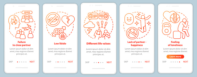 Relationship in trouble signs onboarding mobile app page screen with linear concepts. Low libido walkthrough steps graphic instructions. UX, UI, GUI vector template with illustrations