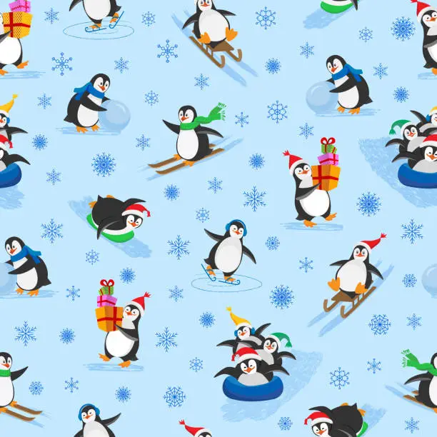 Vector illustration of seamless pattern with penguins and snowflakes