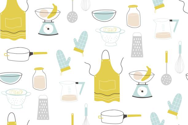 Colorful pattern sets of icon for cooking and dinning Colorful pattern sets of icon for cooking and dinning. Vector seamless pattern. measuring-cup-isolated-illustrations stock illustrations