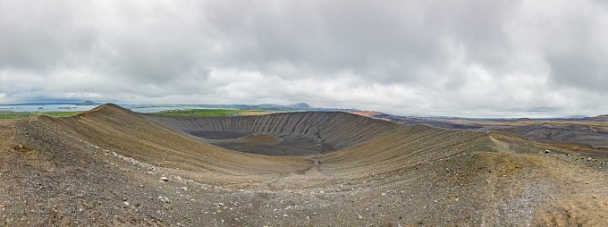 Panoramic picture of Hverfjall volcano crater on Iceland in summer