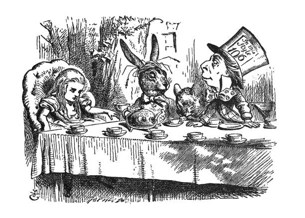 alice im wunderland antike illustration - mad hatter tee-party mit alice und kaninchen - party tea party tea child stock-grafiken, -clipart, -cartoons und -symbole