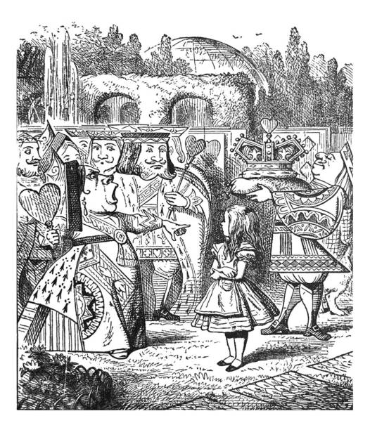 ilustrações, clipart, desenhos animados e ícones de alice no país das maravilhas ilustração antiga - alice com a rainha e rei dos corações - 1897