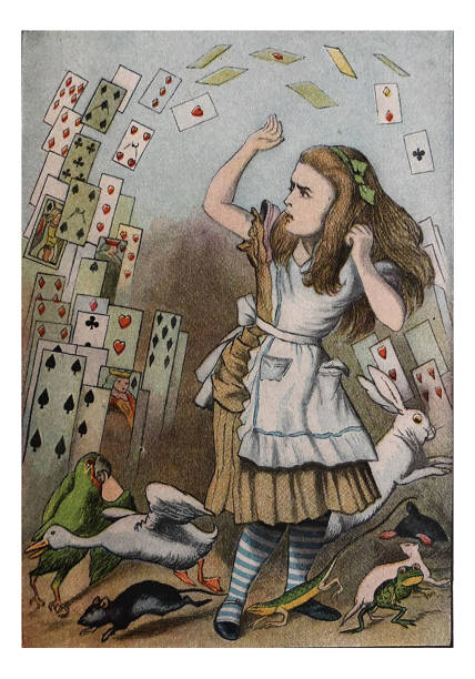 Alice in Wonderland Antique illustration - Alice being attacked by a pack of cards Alice in Wonderland 1897 john tenniel stock illustrations