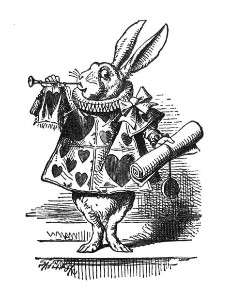 ilustrações, clipart, desenhos animados e ícones de alice no país das maravilhas ilustração antiga - coelho segurando um pergaminho e soprando uma buzina - 1897