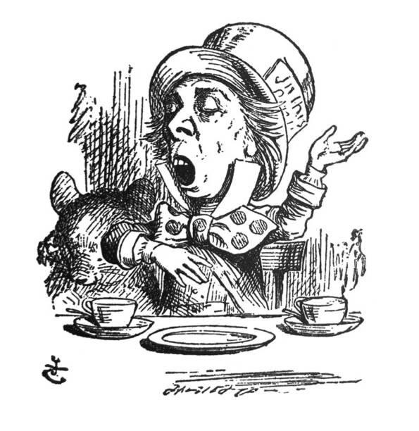 ilustrações, clipart, desenhos animados e ícones de alice no país das maravilhas ilustração antiga - o chapeleiro louco - 1897