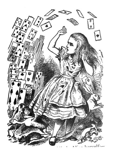 ilustrações, clipart, desenhos animados e ícones de alice no país das maravilhas ilustração antiga - alice sendo atacada por um pacote de cartas - 1897