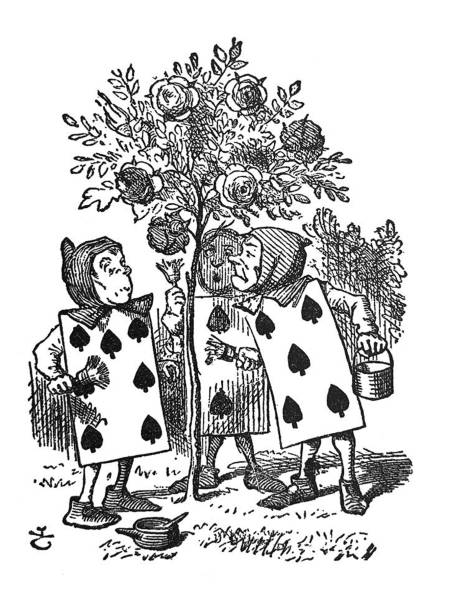 istock Alice in Wonderland Antique illustration - Three playing cards standing near a tree 1218963659