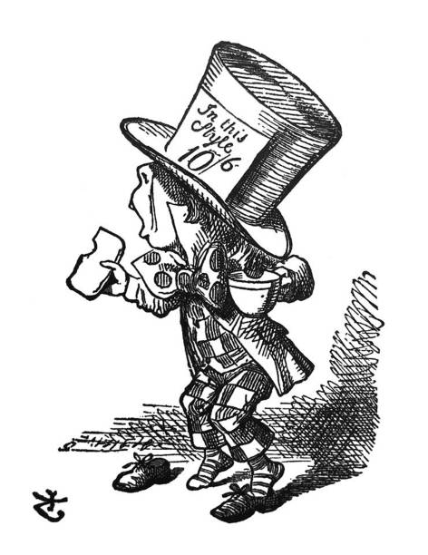 ilustrações, clipart, desenhos animados e ícones de alice no país das maravilhas ilustração antiga - o chapeleiro louco segurando uma xícara de chá - 1897