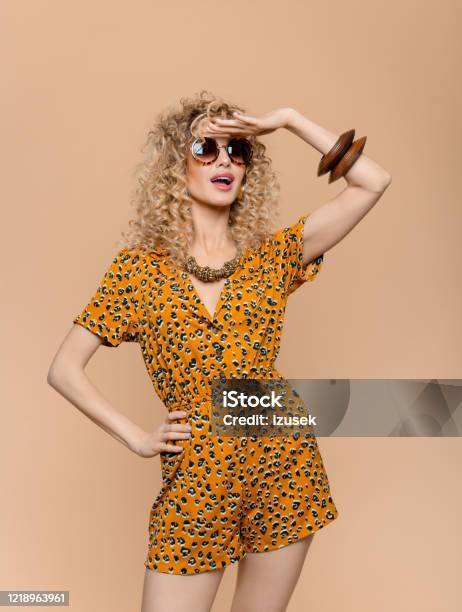 Summer Portrait Of Woman In Leopard Print Outfit Stock Photo - Download Image Now - Portrait, Studio Shot, Sunglasses