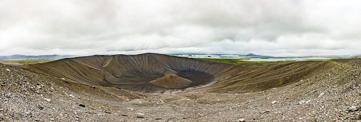 Panoramic picture of Hverfjall volcano crater on Iceland in summer