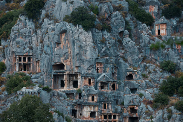 Archeological remains of the Lycian rock cut tombs in Myra, Turkey