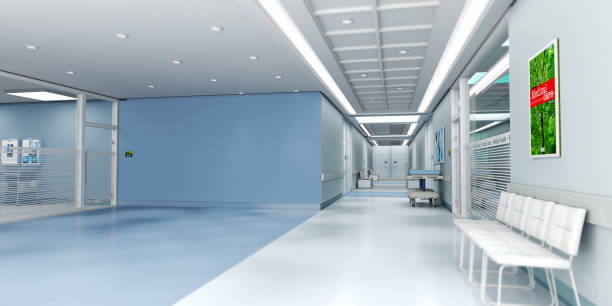 Blue hospital with copy space 3D rendering of a hospital interior with lots of copy space entrance hall stock pictures, royalty-free photos & images