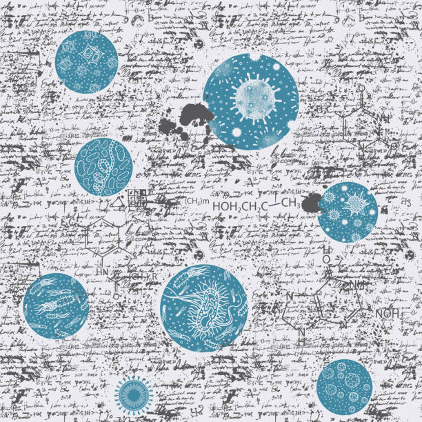 Hand-drawn seamless pattern on the science theme Abstract seamless pattern on the topic of biology, genetics, chemistry, medicine. Hand-drawn background with sketches and illegible notes. Vector illustration with bacterial cells in retro style illegible stock illustrations