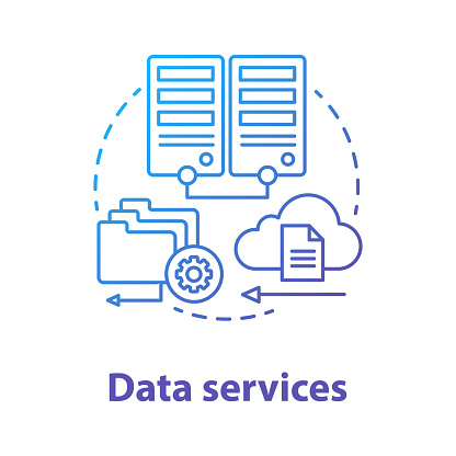 Data services concept icon. Managing user information idea thin line illustration. Databases and data servers. Files uploading on cloud. Application management. Vector isolated outline drawing