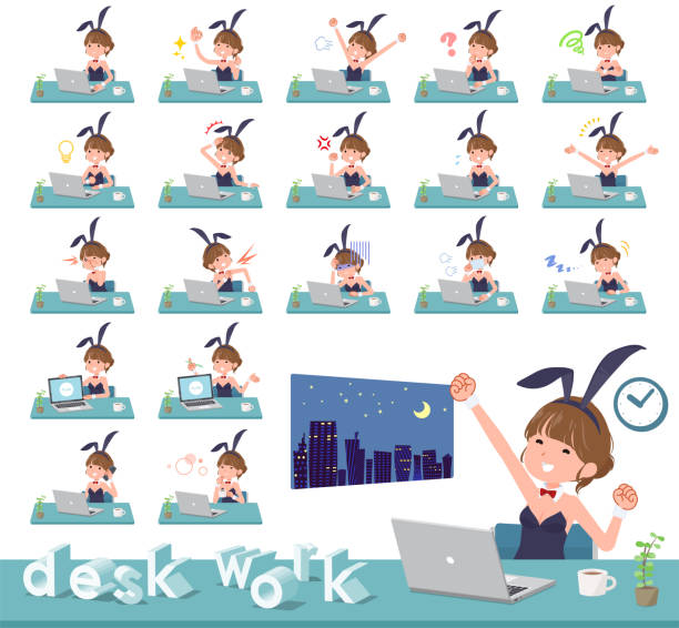 ilustrações de stock, clip art, desenhos animados e ícones de flat type bunny suit women_desk work - bunny girl flash