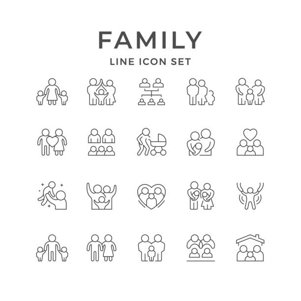 illustrazioni stock, clip art, cartoni animati e icone di tendenza di impostare le icone di linea della famiglia - figlio maschio immagine