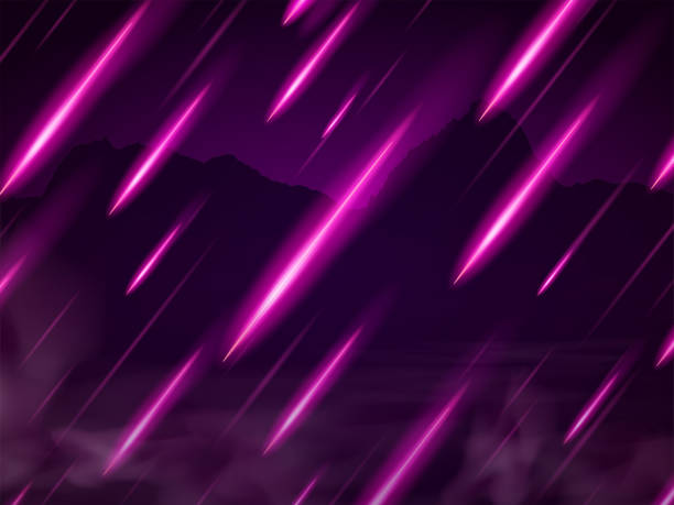 istock Speed Lines, Neon Light Rain. Moving Fast Shooting Stars, Meteorites on Dark Mountain Background 1218979340