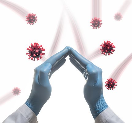 Two hands are blocking coronavirus.Concept of medical treatment, care, helping hand.