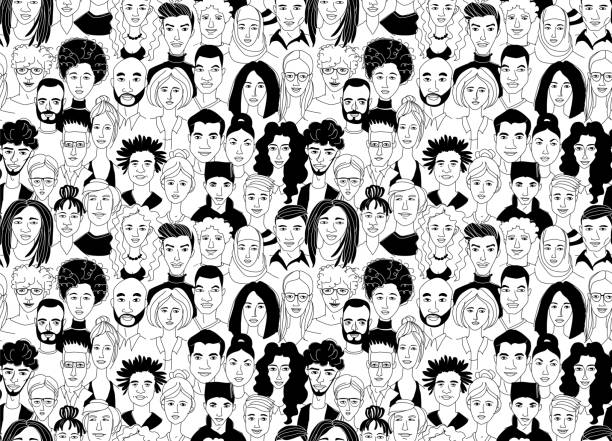 illustrations, cliparts, dessins animés et icônes de décorative divers hommes de tête des hommes sans couture fond de modèle. groupe multiethnique - seamless black pattern white