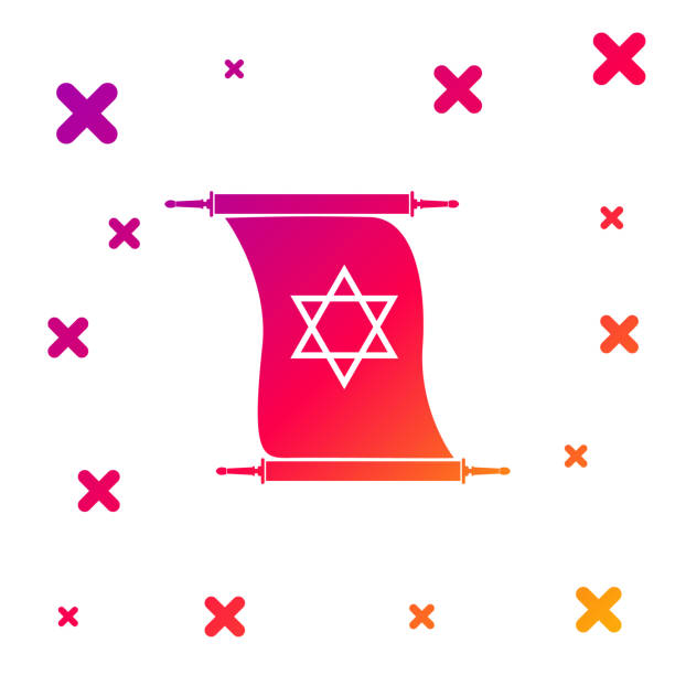 istock Color Torah scroll icon on white background. Jewish Torah in expanded form. Torah Book sign. Star of David symbol. Simple old parchment scroll. Gradient random dynamic shapes. Vector Illustration 1218980867