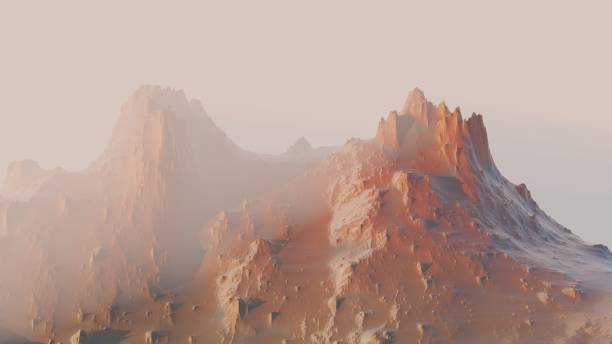 istock Landscape with red mountains covered by haze 1218981535