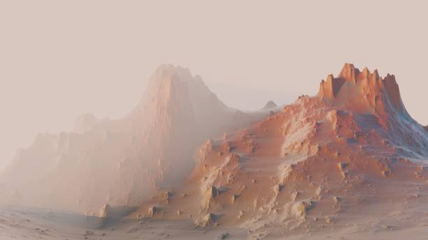 istock Landscape with red mountains covered by haze 1218981684