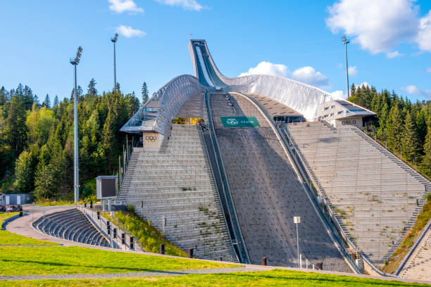 Holmenkollen ski jumping hill - an Olympic size ski jump facility after 2010 reconstruction in Oslo, Norway stock photo