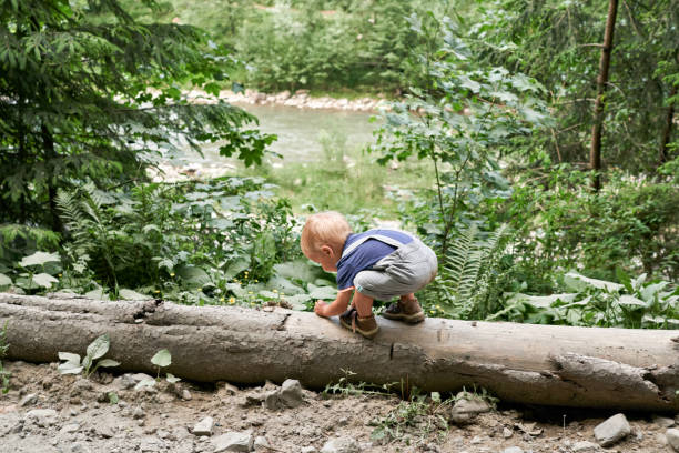 istock Little boy watches a mountain river through the trees 1218982835