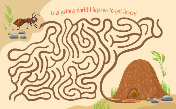 Maze game for kids. Help the little ant to get to his anthill. It is getting dark! Help me to get home! Maze game for kids. Help the little ant to get to his anthill. It is getting dark! Help me to get home! anthill stock illustrations