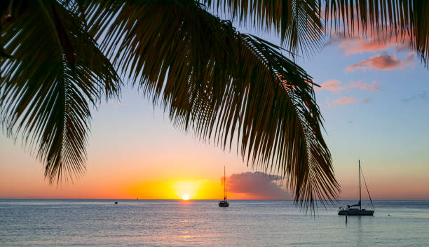 yacht anchoring during sunset in famous Rodney Bay, Saint Lucia, West Indies