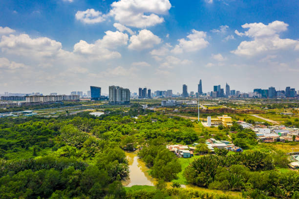 istock Beautiful suburb and urban skyline scenery under blue sky 1218985545