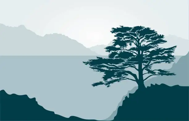 Vector illustration of landscape with lebanese cedar tree, sea and mountains