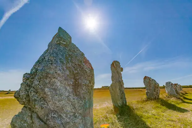 field of megalithic menhirs in Brittany near Camaret sur Mer, France