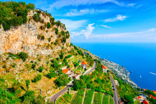 Path of Gods and Tyrrhenian sea reflex Path of Gods and Tyrrhenian sea, Amalfi coast, Italy. Summer praiano photos stock pictures, royalty-free photos & images