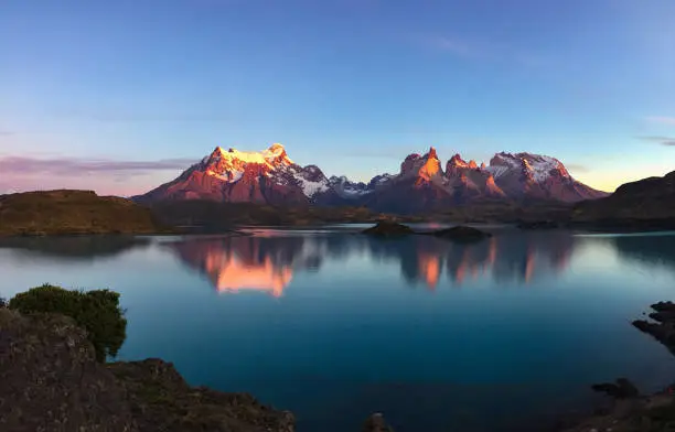 Photo of sunrise at Lago Pehoe, Torres del Paine national park, Chile