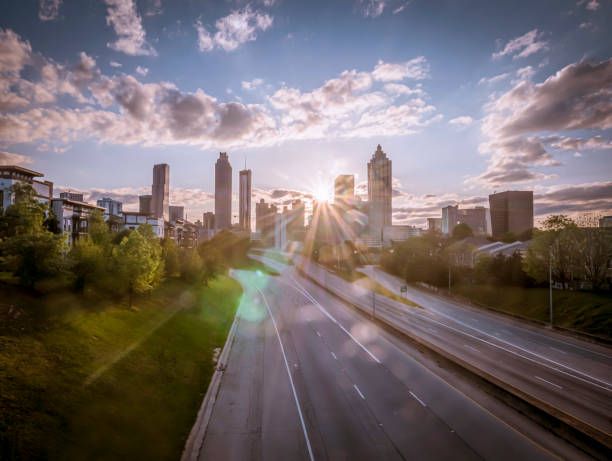Coronavirus pandemic affects rush hour traffic on Atlanta, GA interstate seen from Jackson Street Bridge