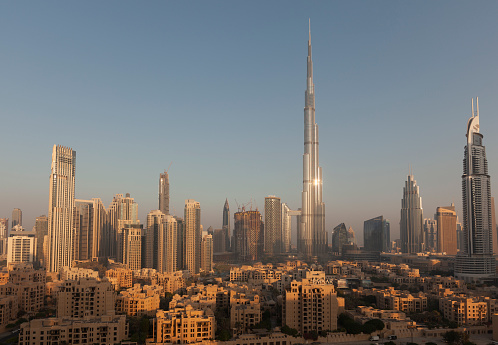 Dubai, UAE - October 26, 2019: dubai skyline at sunrise, united arab emirates.