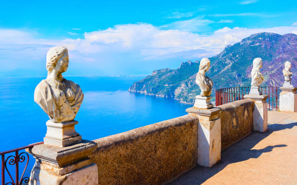 Sculptures at terrace of Ravello village reflex Scenery with sculptures on Cimbrone villa of Ravello village in Italy at Naples. Amalfi coast and landscape with statues at Tyrrhenian Sea at Italian Amalfitana coastline in Europe. Summer. ravello stock pictures, royalty-free photos & images