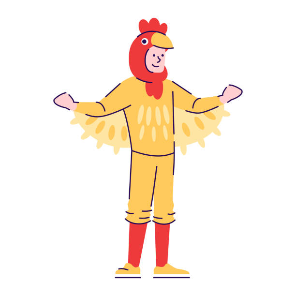 istock Man dressed in rooster costume flat vector illustration. Cartoon character with outline elements isolated on white background. Chicken carnival outfit. Person dressing like animal for Halloween 1218993542