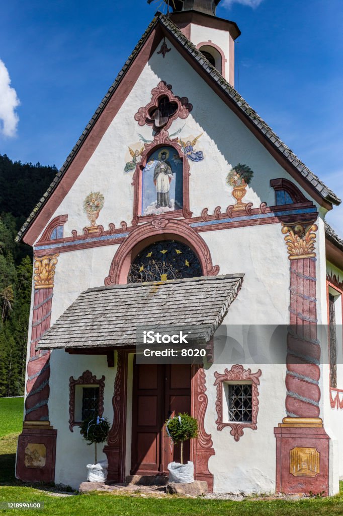 St Johann Church View of St Johann Church (Chiesa di San Giovanni), Santa Maddalena, Val di Funes Alto Adige - Italy Stock Photo