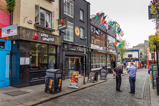 Dublin, Ireland - 08 May, 2018: View of the Temple Bar area. The place is the cultural quarter in the center of the city and is full of restaurants, bars and nightclubs.