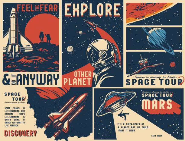 Vintage universe posters collection Vintage universe posters collection with text astronaut in outer space flying shuttles man abduction by UFO on cosmic backgrounds vector illustration outer space stock illustrations