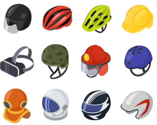 아이소메트릭 헬멧 벡터 일러스트레이션, 만화 3d 안전 하드 모자, 머리 보호, vr 헬멧 아이콘 설정 에 흰색 - sports helmet stock illustrations