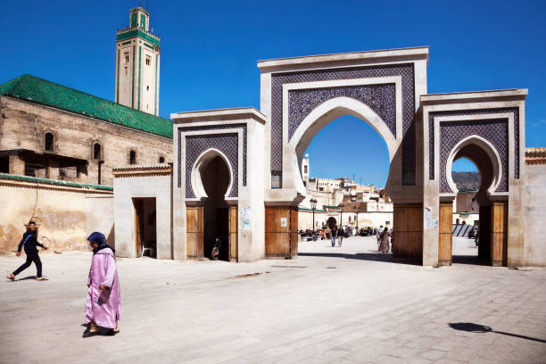 Medina of Fez Fez, Morocco. April 25, 2014: One of the entrance doors to the old city of fez bab boujeloud stock pictures, royalty-free photos & images