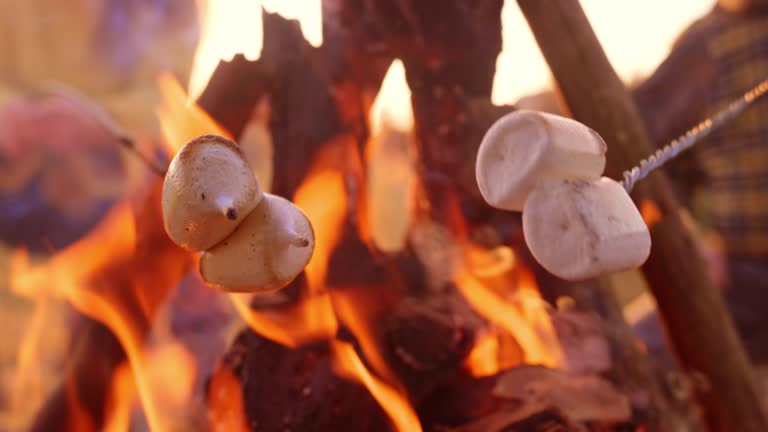 SLO MO Marshmallows melting while being roasted over the campfire