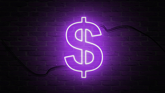 Purple Neon light, Dollar shape, Neon Light On Black Wall