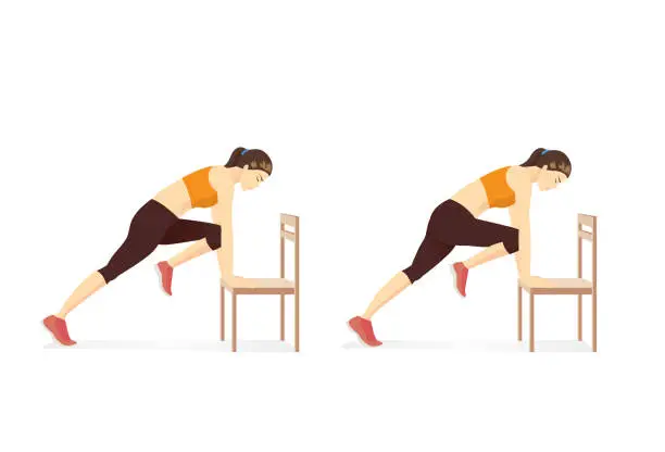 Vector illustration of oman doing workout in Mountain Climber with Chair Illustration about workout while lockdown.